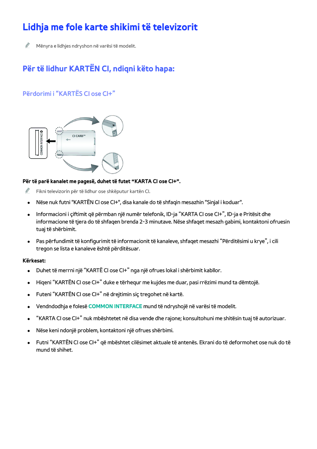 Samsung UE46H6203AWXXH manual Lidhja me fole karte shikimi të televizorit, Për të lidhur Kartën CI, ndiqni këto hapa 