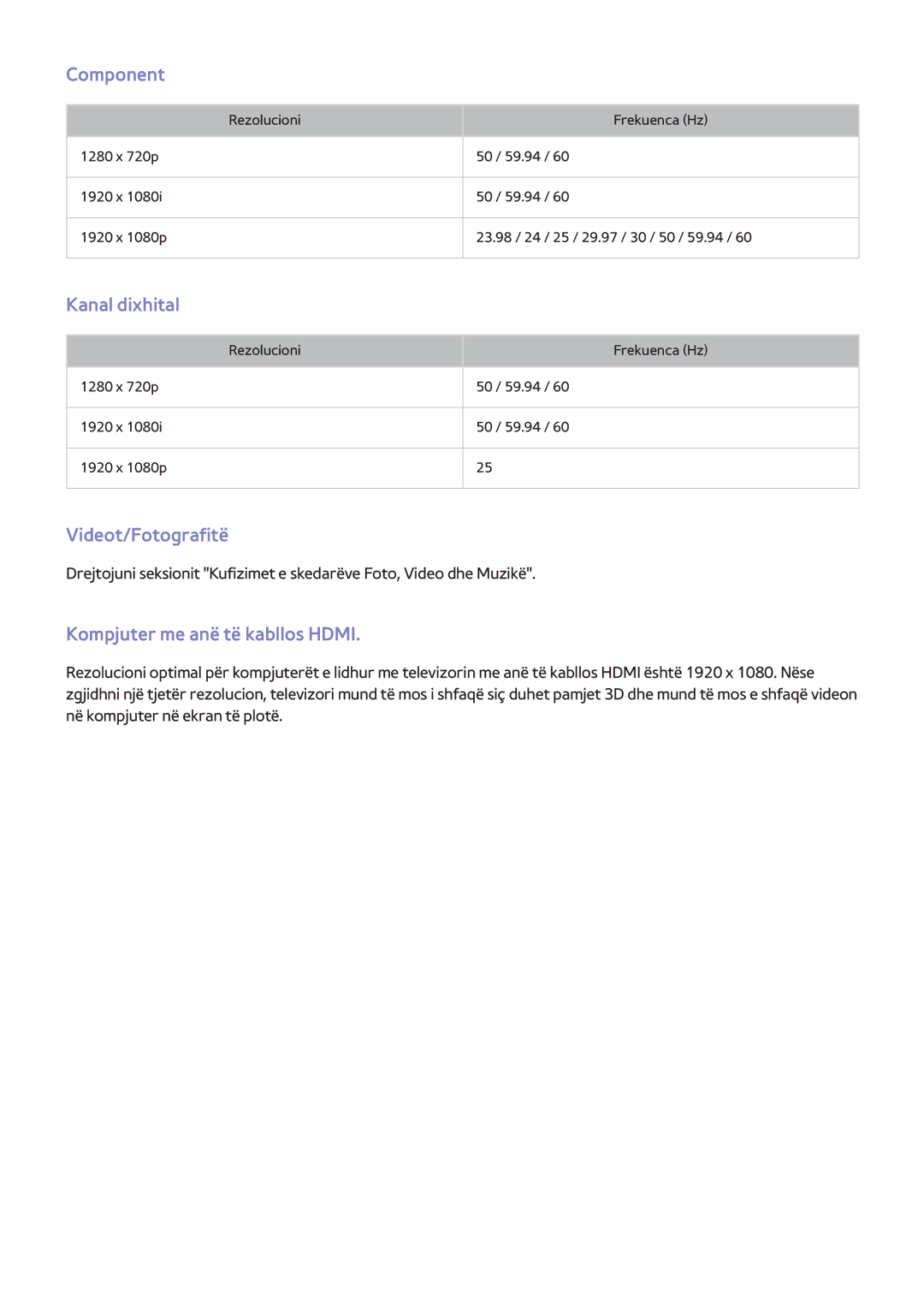 Samsung UE46H6203AWXXH, UE40H6203AWXXH Component, Kanal dixhital, Videot/Fotografitë, Kompjuter me anë të kabllos Hdmi 