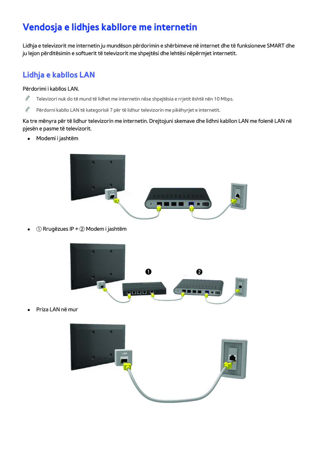 Samsung UE46H5303AWXXH, UE40H6203AWXXH, UE32H5303AWXXH manual Vendosja e lidhjes kabllore me internetin, Lidhja e kabllos LAN 