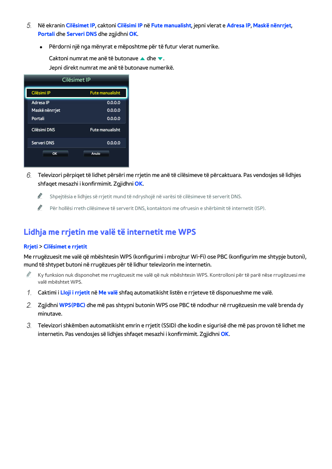 Samsung UE40H5203AKXXH, UE40H6203AWXXH, UE32H5303AWXXH manual Lidhja me rrjetin me valë të internetit me WPS, Cilësimet IP 