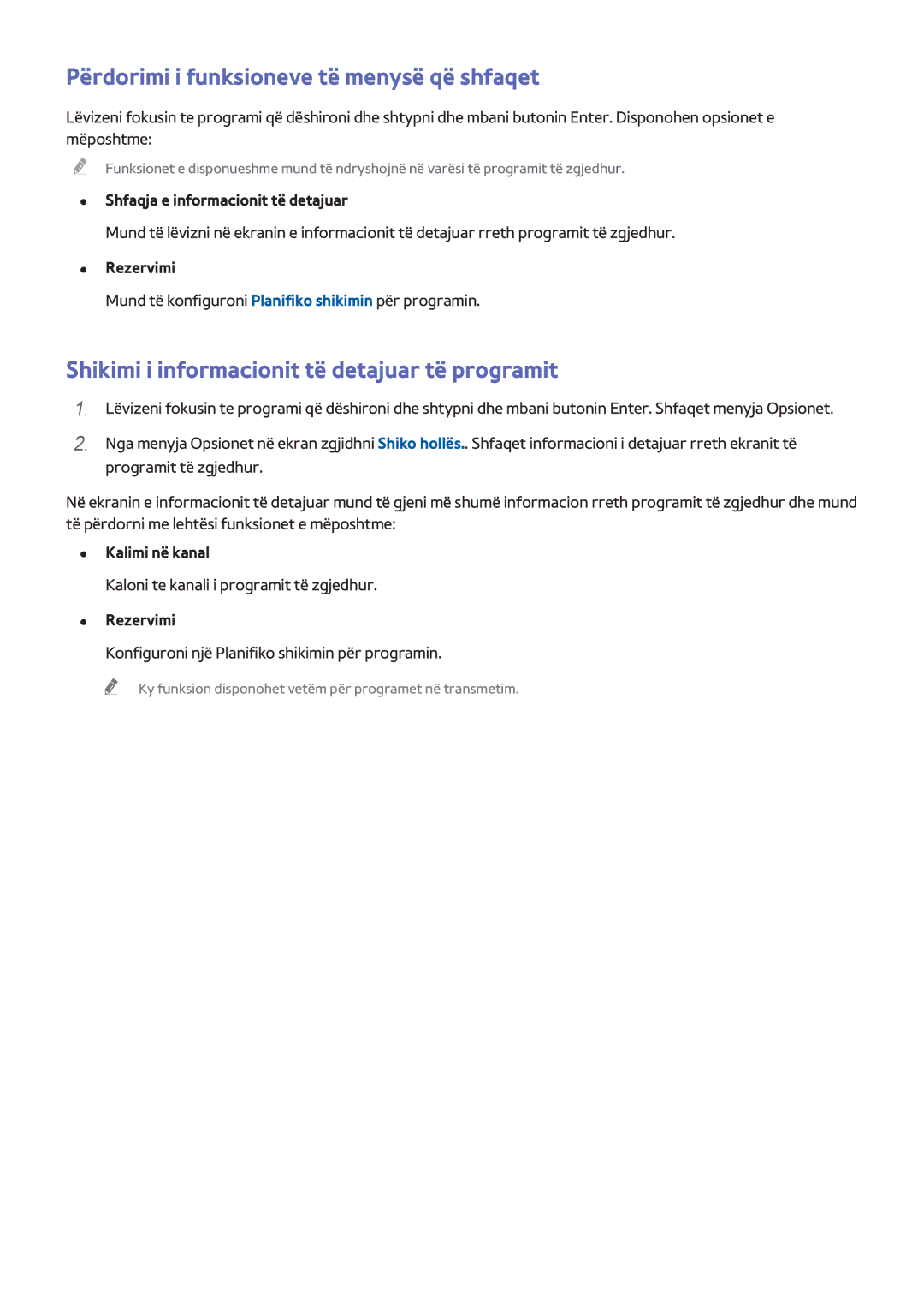 Samsung UE46H5303AWXXH Shikimi i informacionit të detajuar të programit, Shfaqja e informacionit të detajuar, Rezervimi 