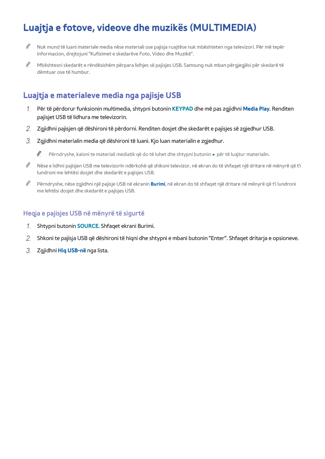 Samsung UE58H5203AWXXH manual Luajtja e fotove, videove dhe muzikës Multimedia, Luajtja e materialeve media nga pajisje USB 