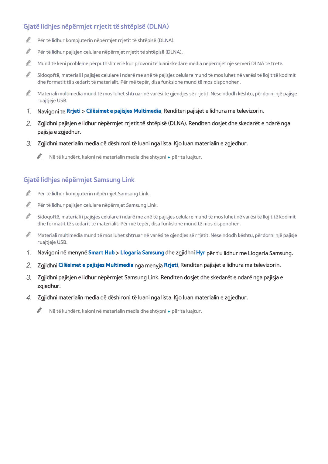 Samsung UE48H5203AWXXH manual Gjatë lidhjes nëpërmjet rrjetit të shtëpisë Dlna, Gjatë lidhjes nëpërmjet Samsung Link 