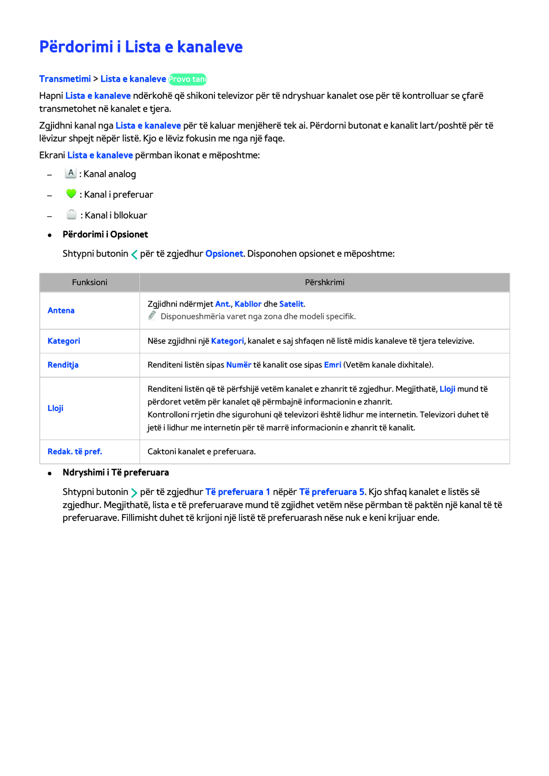 Samsung UE48H5203AWXXH manual Përdorimi i Lista e kanaleve, Transmetimi Lista e kanaleve Provo tani, Përdorimi i Opsionet 