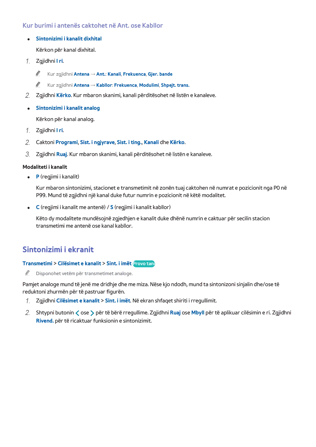 Samsung UE40H5303AWXXH, UE40H6203AWXXH manual Sintonizimi i ekranit, Kur burimi i antenës caktohet në Ant. ose Kabllor 