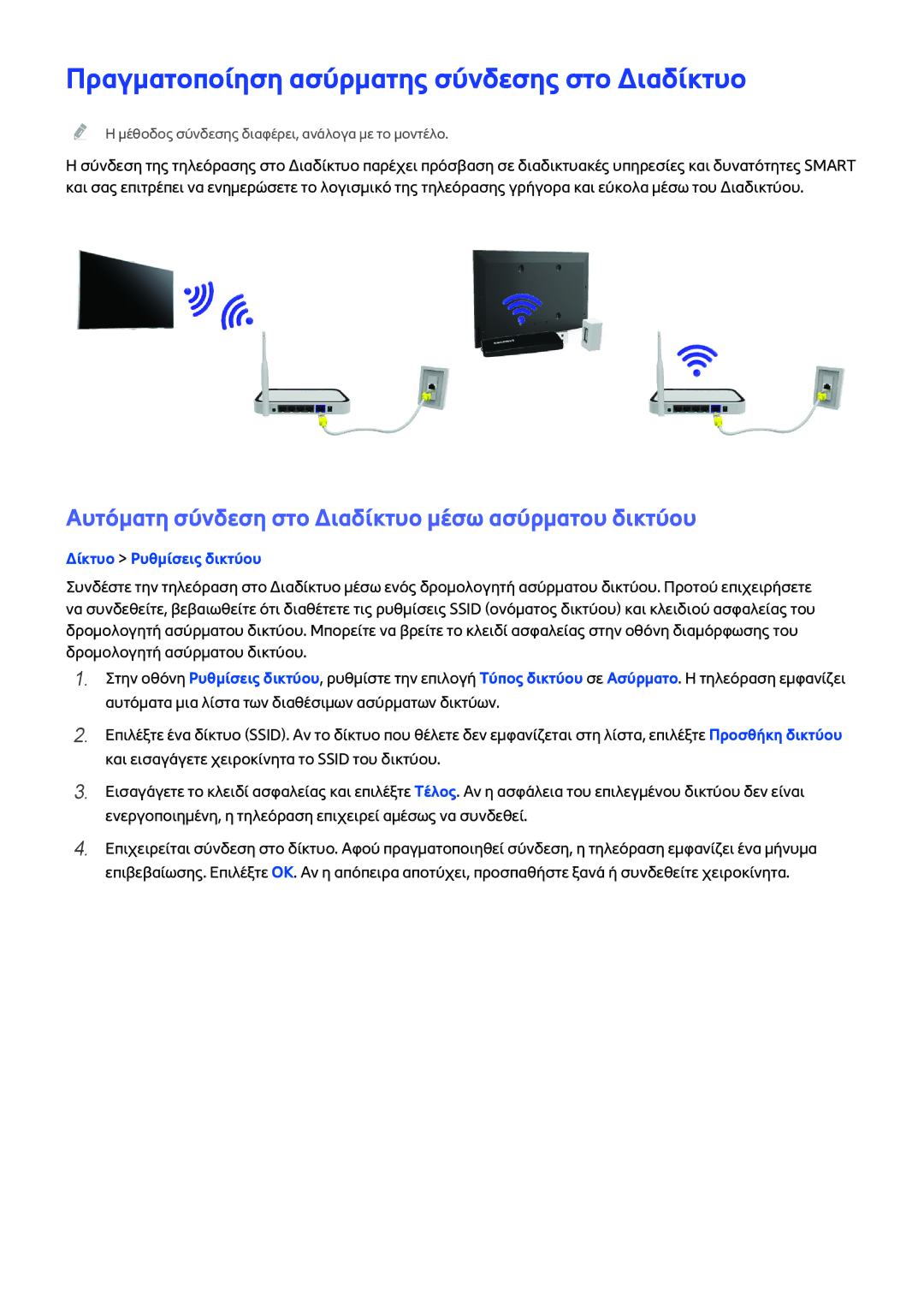 Samsung UE40H6203AWXXH, UE32H5303AWXXH, UE40H5303AWXXH, UE46H5303AWXXH manual Πραγματοποίηση ασύρματης σύνδεσης στο Διαδίκτυο 