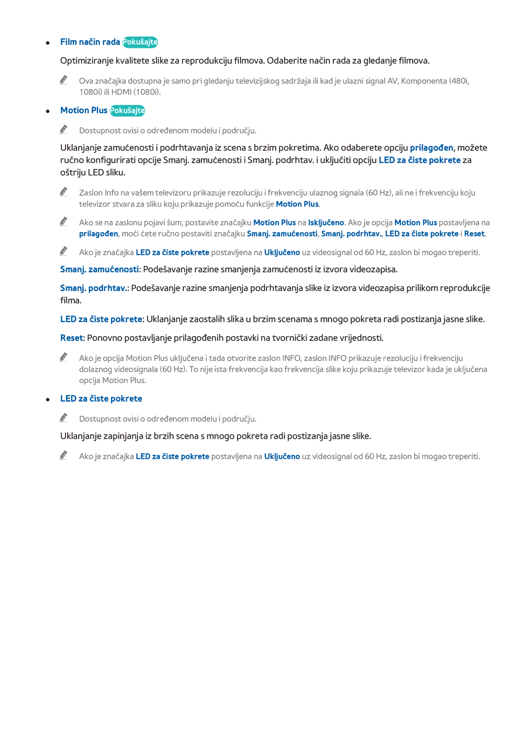 Samsung UE46H5303AWXXH, UE40H6203AWXXH manual Film način rada Pokušajte, Motion Plus Pokušajte, LED za čiste pokrete 
