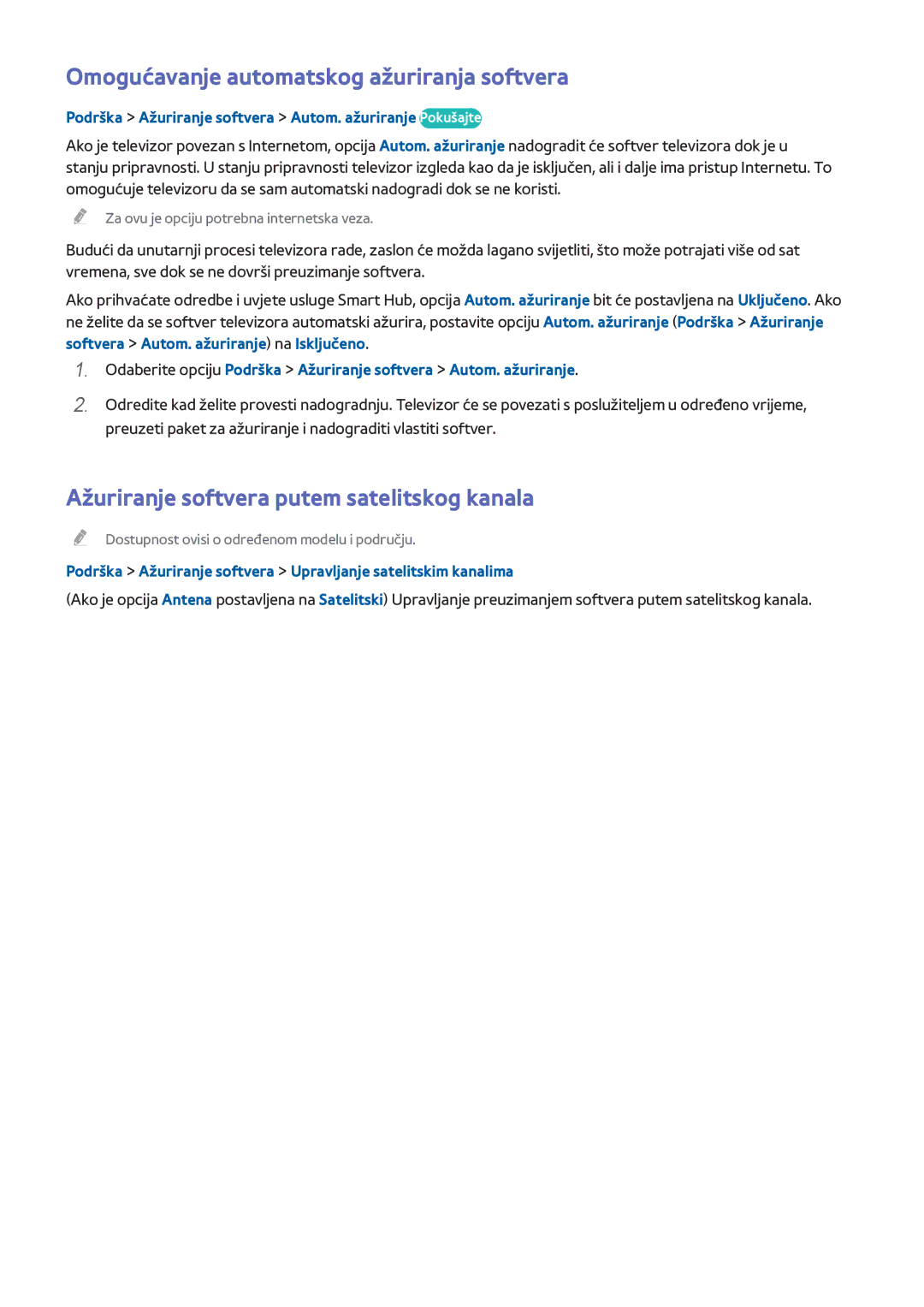 Samsung UE46H5303AWXXH manual Omogućavanje automatskog ažuriranja softvera, Ažuriranje softvera putem satelitskog kanala 