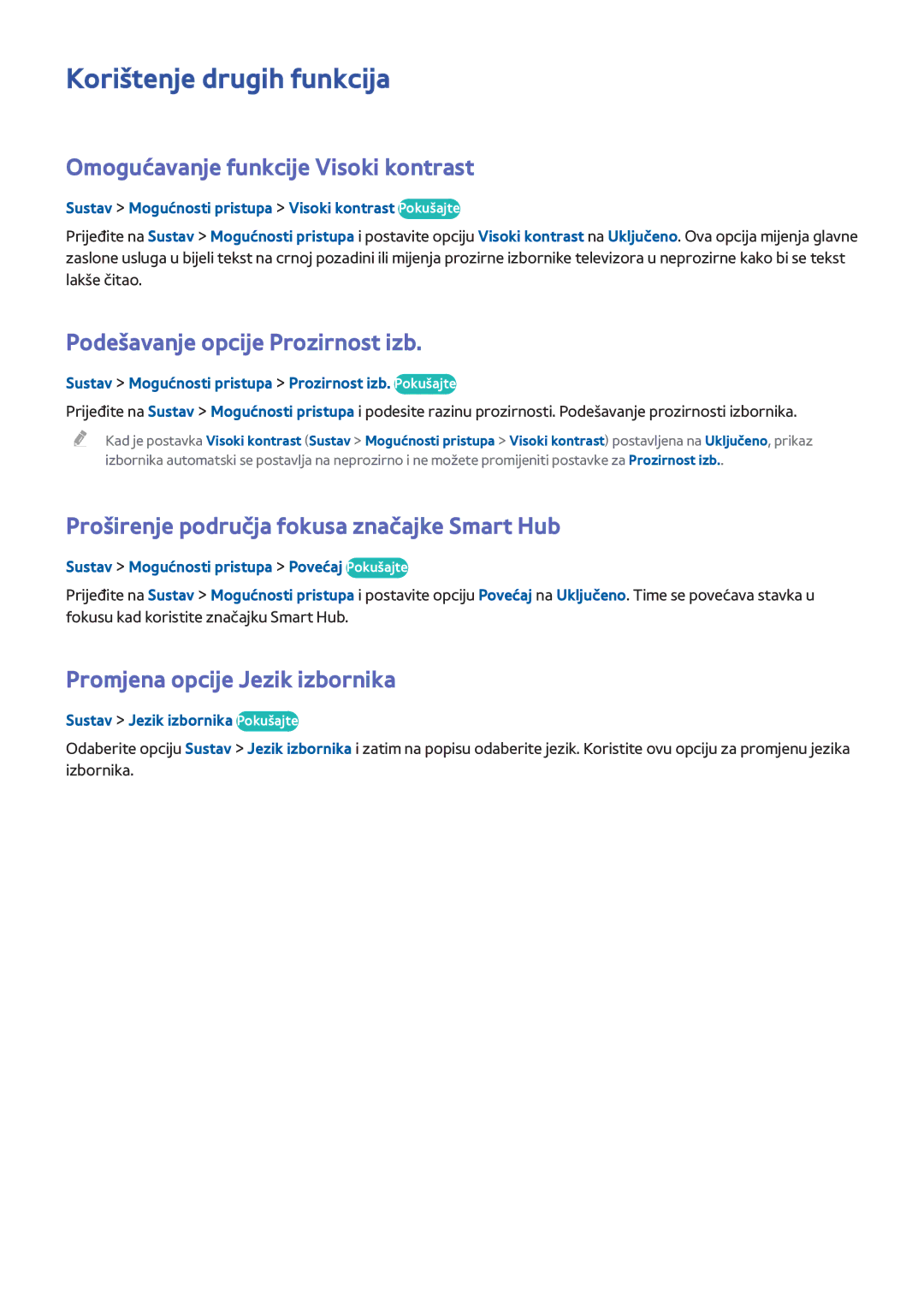 Samsung UE58H5203AWXXH Korištenje drugih funkcija, Omogućavanje funkcije Visoki kontrast, Promjena opcije Jezik izbornika 
