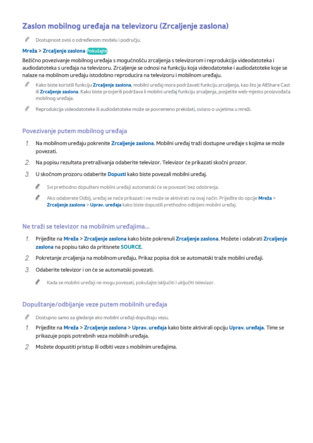 Samsung UE46H5303AWXXH manual Zaslon mobilnog uređaja na televizoru Zrcaljenje zaslona, Povezivanje putem mobilnog uređaja 