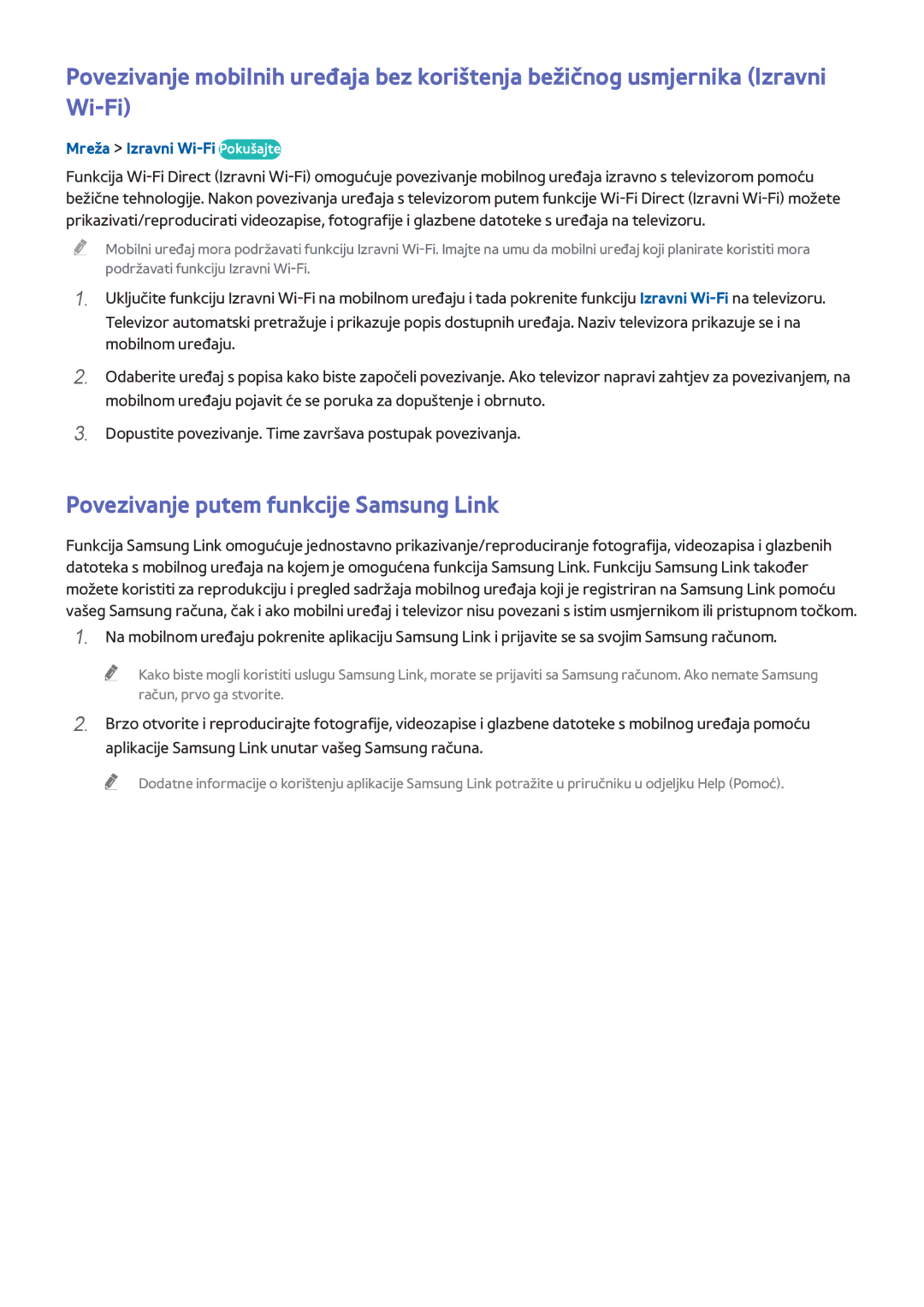 Samsung UE48H5003AWXXH, UE40H6203AWXXH manual Povezivanje putem funkcije Samsung Link, Mreža Izravni Wi-Fi Pokušajte 