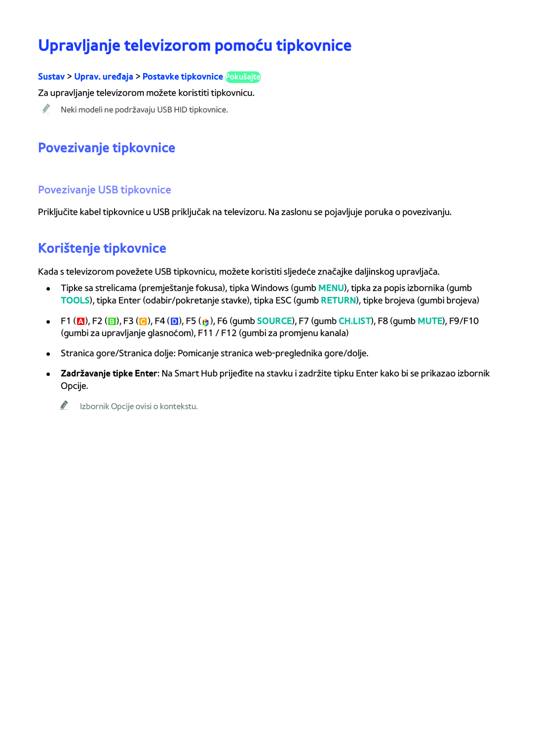 Samsung UE40H5303AWXXH manual Upravljanje televizorom pomoću tipkovnice, Povezivanje tipkovnice, Korištenje tipkovnice 