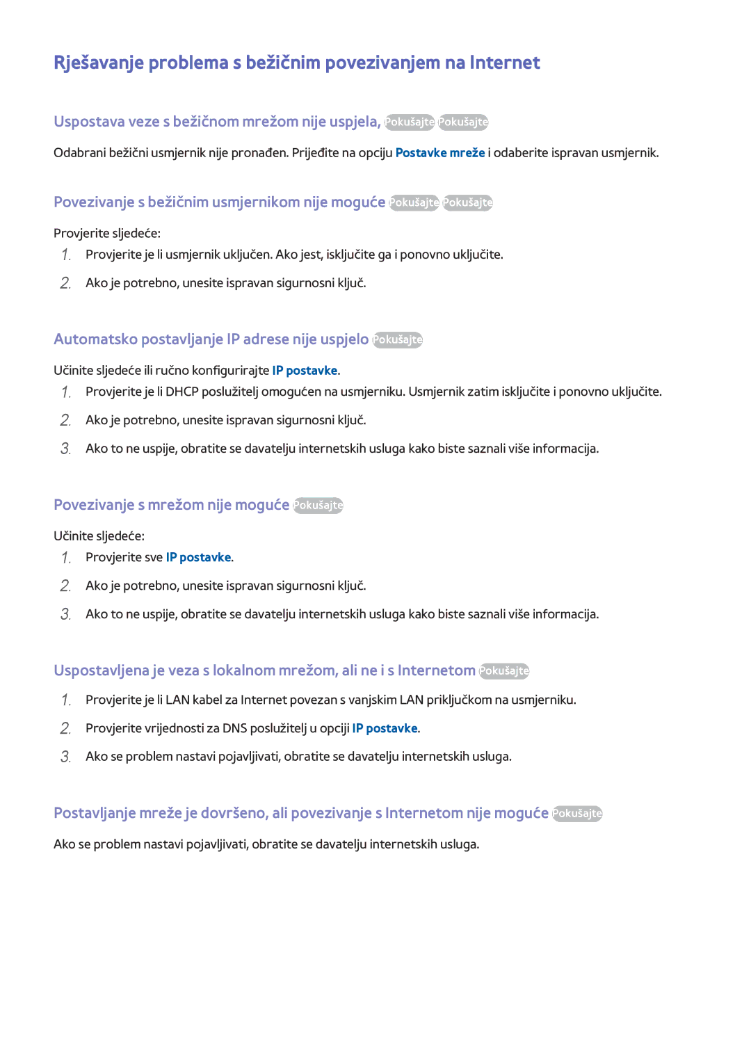 Samsung UE58H5203AWXXH, UE40H6203AWXXH, UE40H5303AWXXH manual Rješavanje problema s bežičnim povezivanjem na Internet 