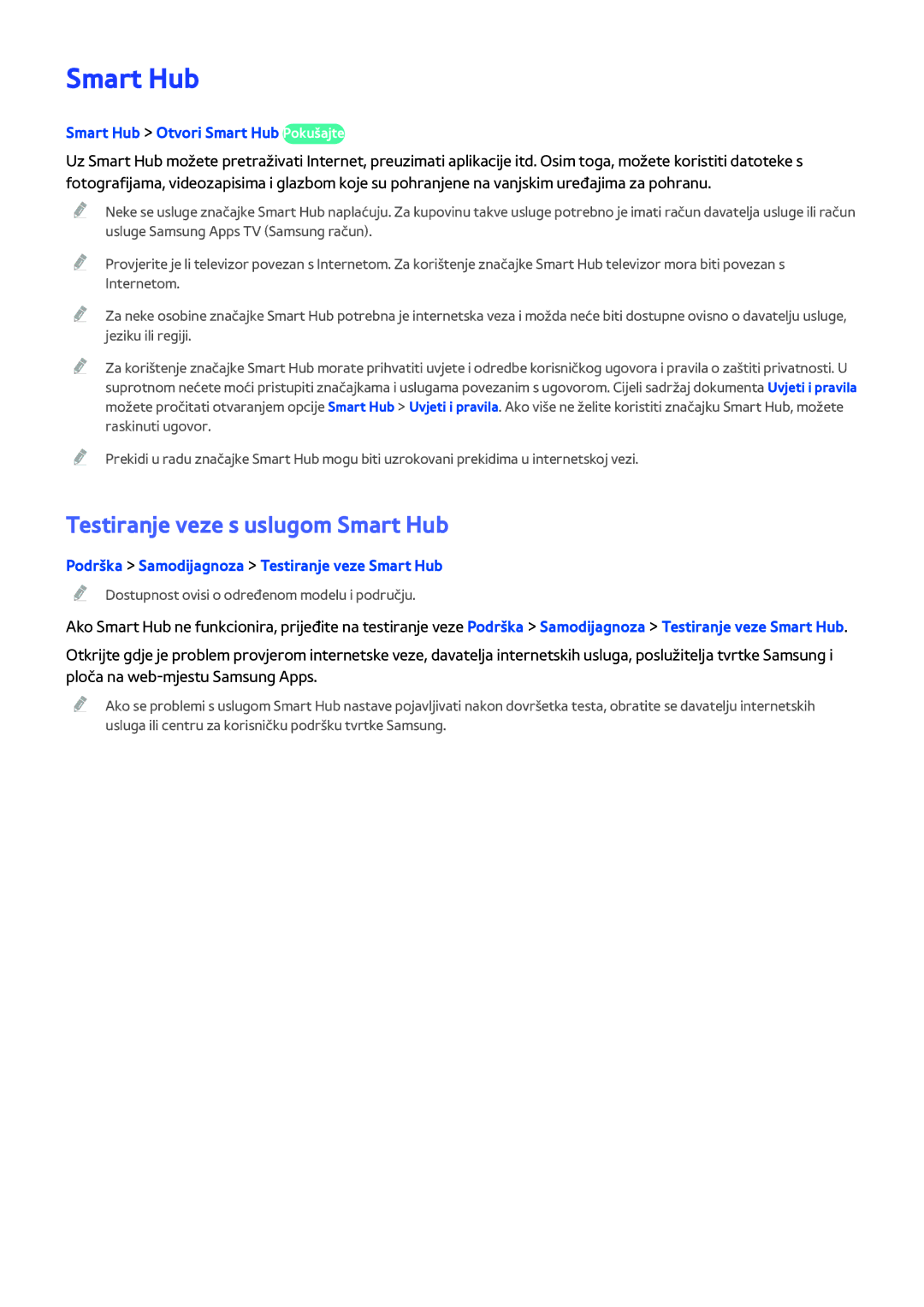 Samsung UE40H5203AKXXH, UE40H6203AWXXH manual Testiranje veze s uslugom Smart Hub, Smart Hub Otvori Smart Hub Pokušajte 