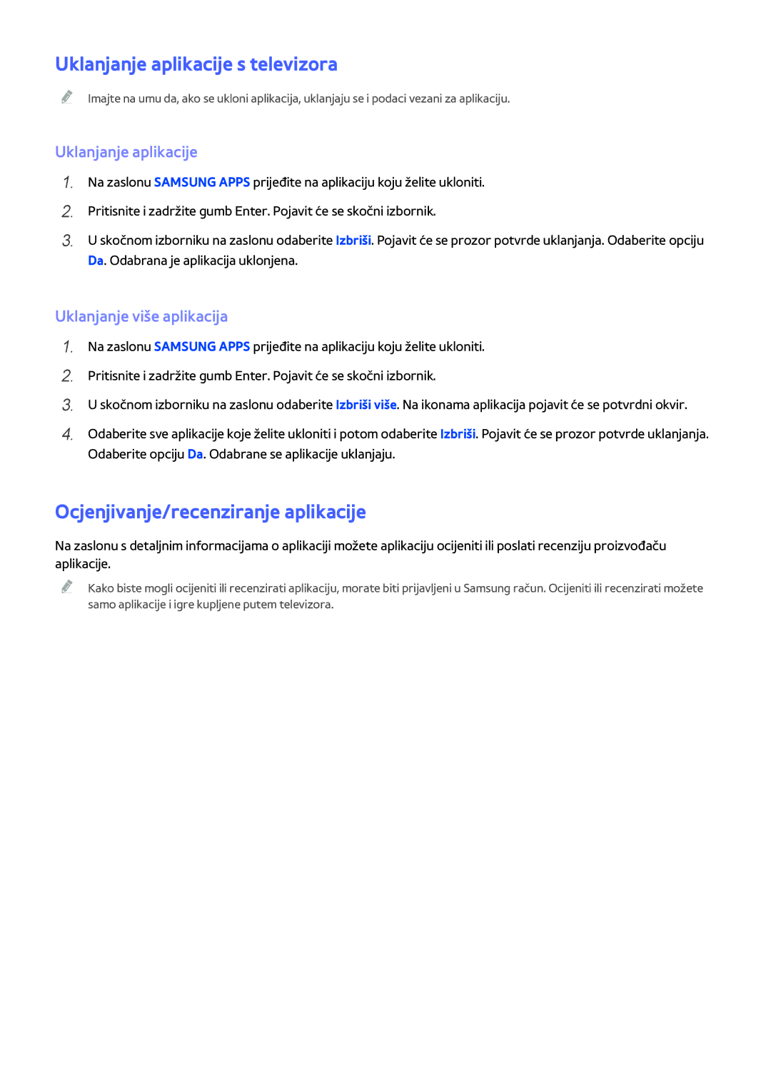 Samsung UE58H5203AWXXH, UE40H6203AWXXH manual Uklanjanje aplikacije s televizora, Ocjenjivanje/recenziranje aplikacije 