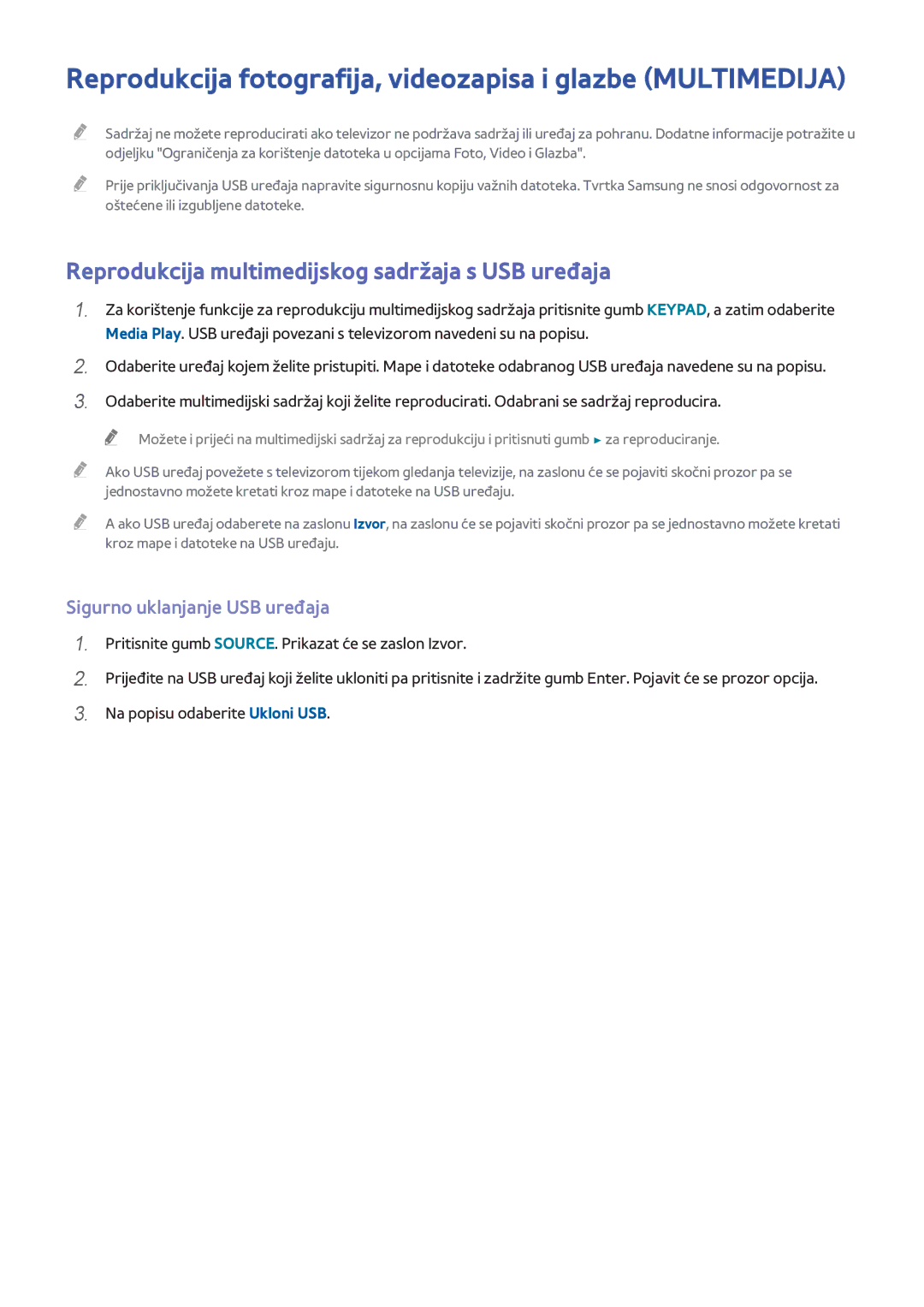 Samsung UE46H5303AWXXH manual Reprodukcija fotografija, videozapisa i glazbe Multimedija, Sigurno uklanjanje USB uređaja 