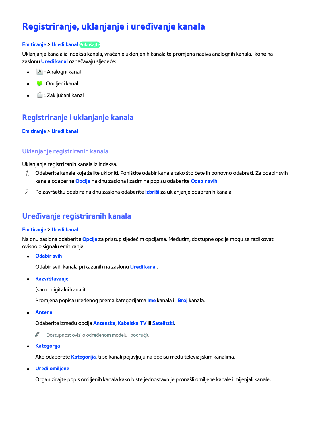 Samsung UE48H5203AWXXH, UE40H6203AWXXH Registriranje, uklanjanje i uređivanje kanala, Registriranje i uklanjanje kanala 