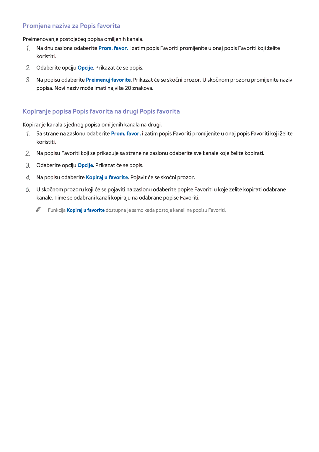 Samsung UE46H5303AWXXH manual Promjena naziva za Popis favorita, Kopiranje popisa Popis favorita na drugi Popis favorita 