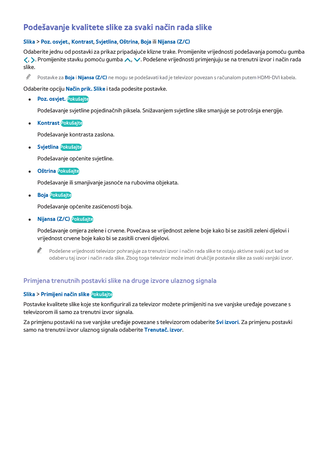 Samsung UE40H5203AKXXH, UE40H6203AWXXH, UE40H5303AWXXH, UE46H5303AWXXH Podešavanje kvalitete slike za svaki način rada slike 