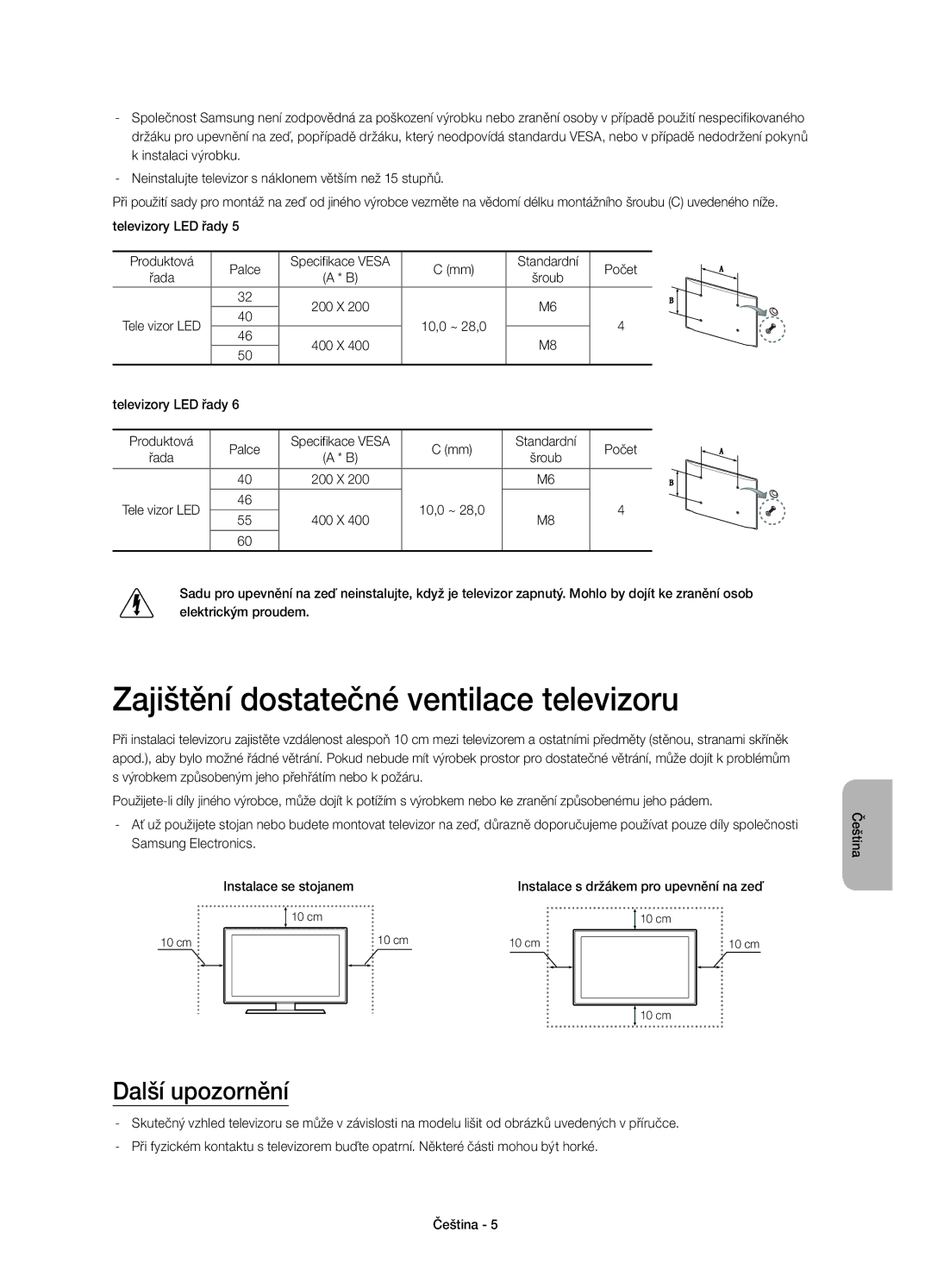 Samsung UE32H5303AWXXC, UE40H6203AWXXH, UE40H5303AWXZG manual Zajištění dostatečné ventilace televizoru, Další upozornění 