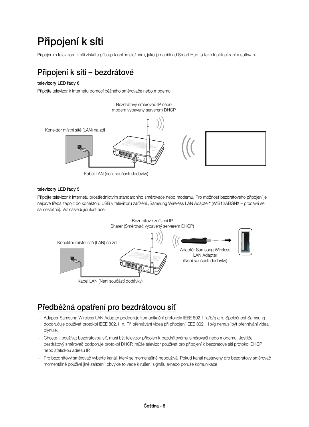 Samsung UE46H5303AWXXC, UE40H6203AWXXH manual Připojení k síti bezdrátové, Předběžná opatření pro bezdrátovou síť 