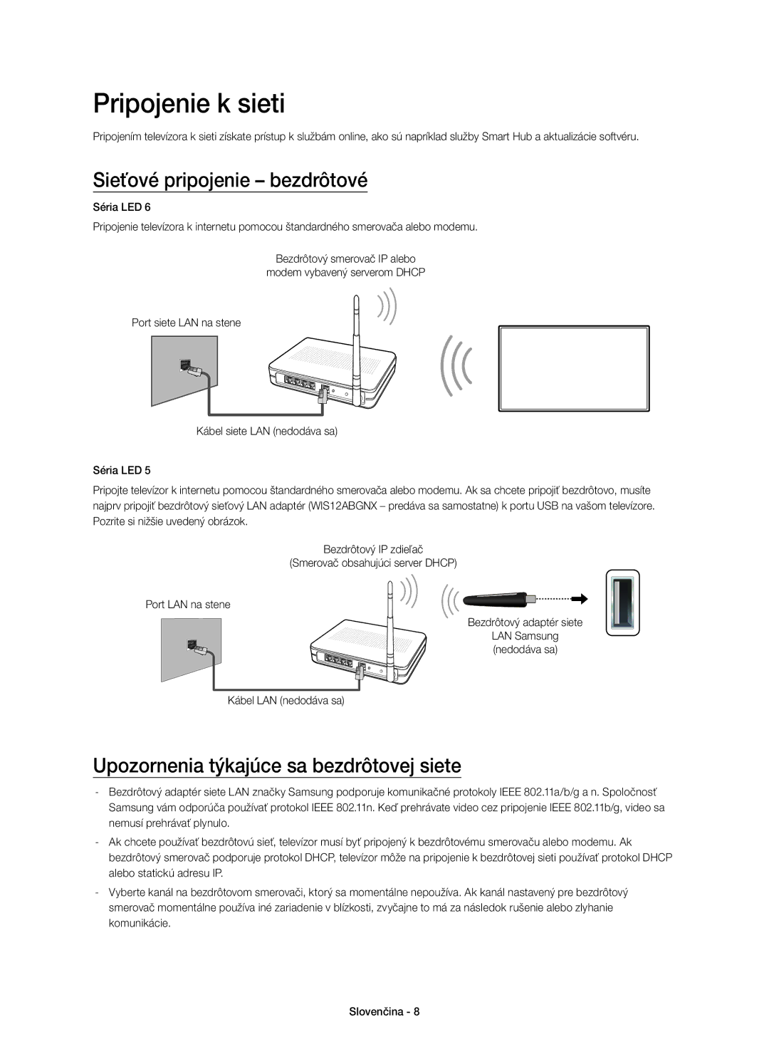 Samsung UE60H6203AWXZF manual Pripojenie k sieti, Sieťové pripojenie bezdrôtové, Upozornenia týkajúce sa bezdrôtovej siete 