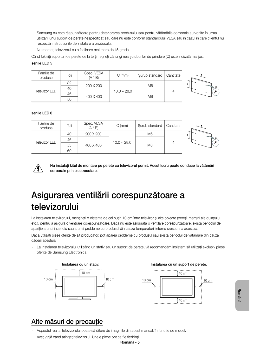 Samsung UE32H5303AWXXN, UE40H6203AWXXH Asigurarea ventilării corespunzătoare a televizorului, Alte măsuri de precauţie 