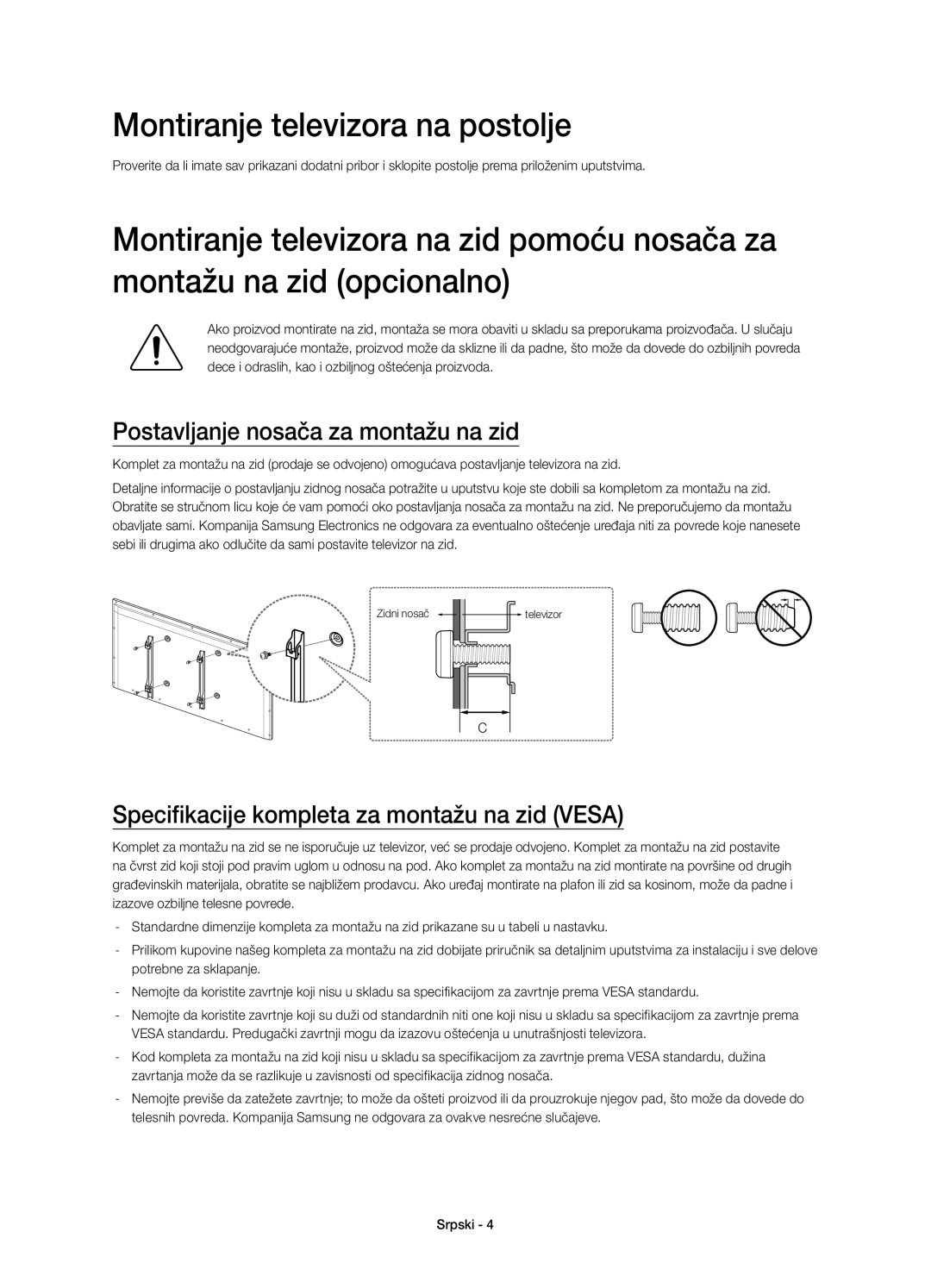 Samsung UE46H5303AWXXC, UE40H6203AWXXH manual Montiranje televizora na postolje, Postavljanje nosača za montažu na zid 