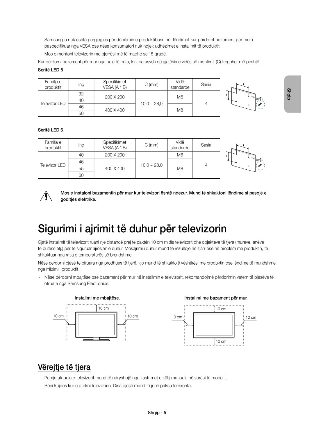 Samsung UE40H6203AWXZF, UE40H6203AWXXH, UE40H5303AWXZG Sigurimi i ajrimit të duhur për televizorin, Vërejtje të tjera, Inç 