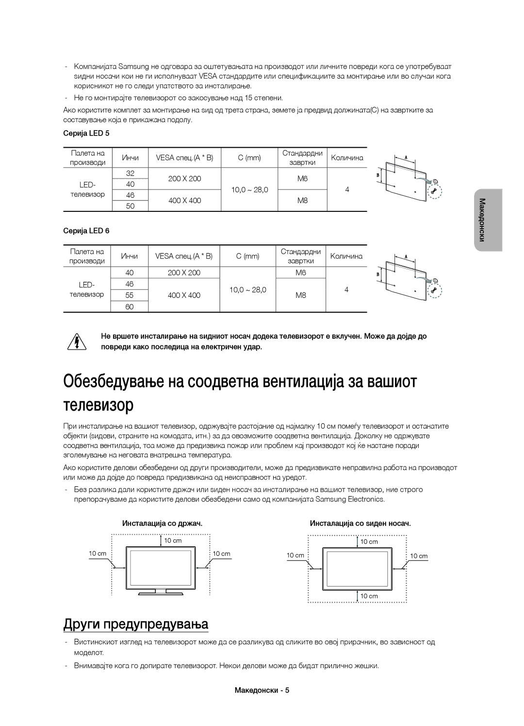 Samsung UE40H5303AWXZG, UE40H6203AWXXH Обезбедување на соодветна вентилација за вашиот телевизор, Други предупредувања 