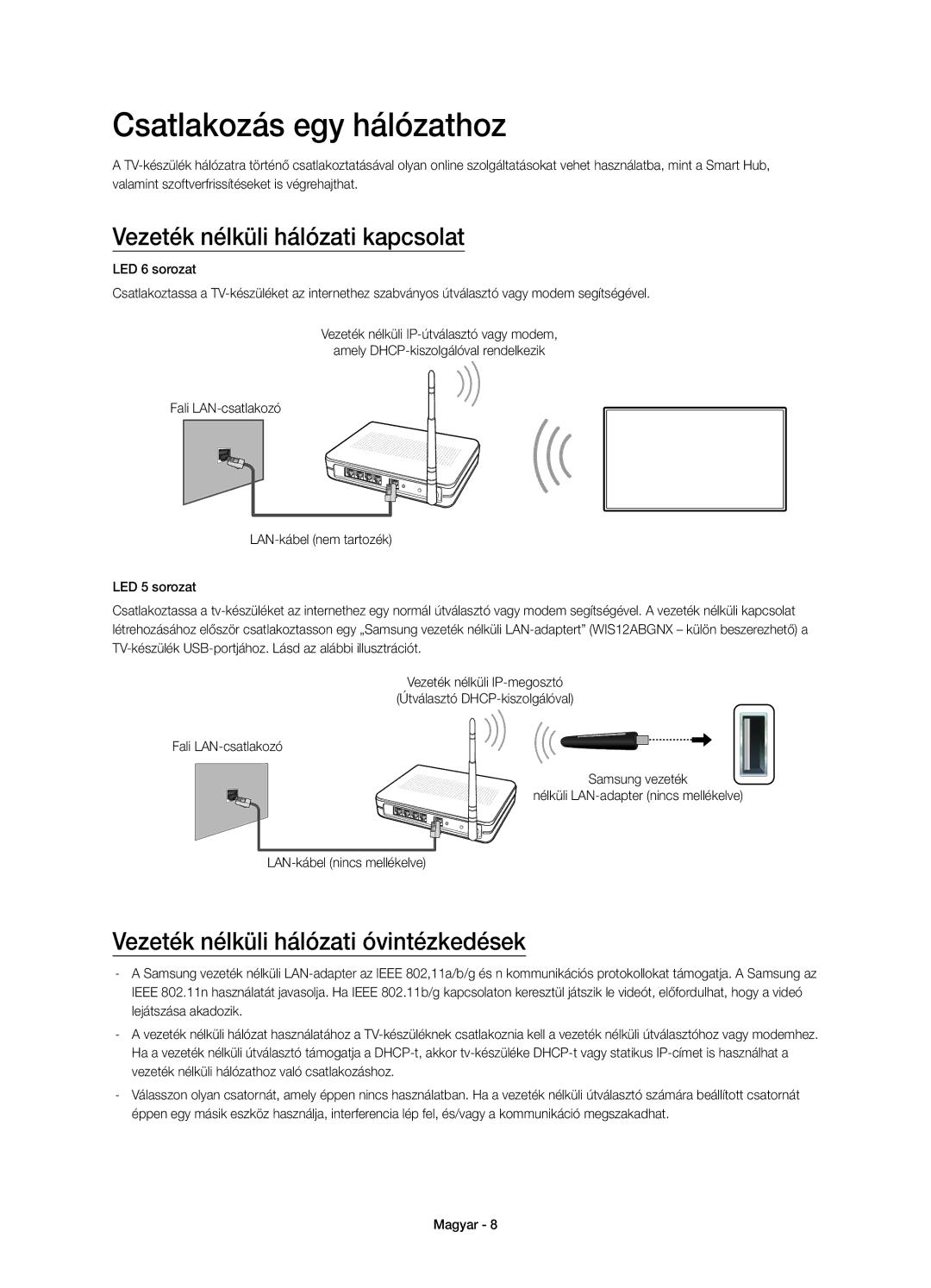 Samsung UE40H6203AWXXH, UE40H5303AWXZG, UE32H5303AWXXH manual Csatlakozás egy hálózathoz, Vezeték nélküli hálózati kapcsolat 