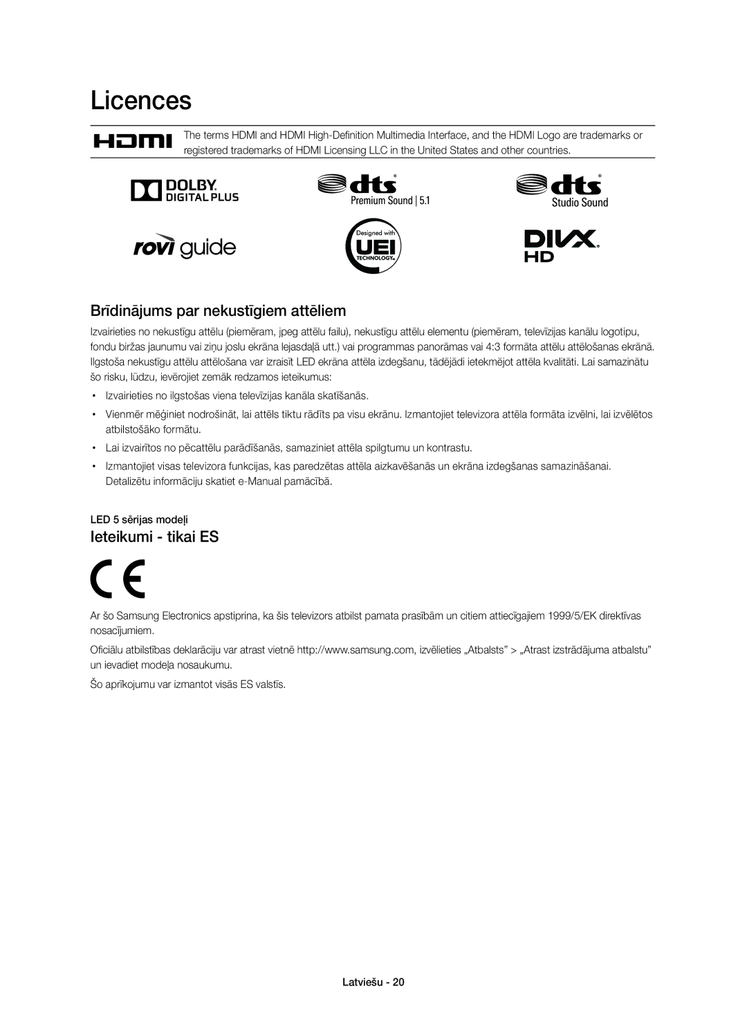 Samsung UE40H6203AWXXH, UE40H5303AWXZG, UE32H5303AWXXH manual Brīdinājums par nekustīgiem attēliem, Ieteikumi tikai ES 