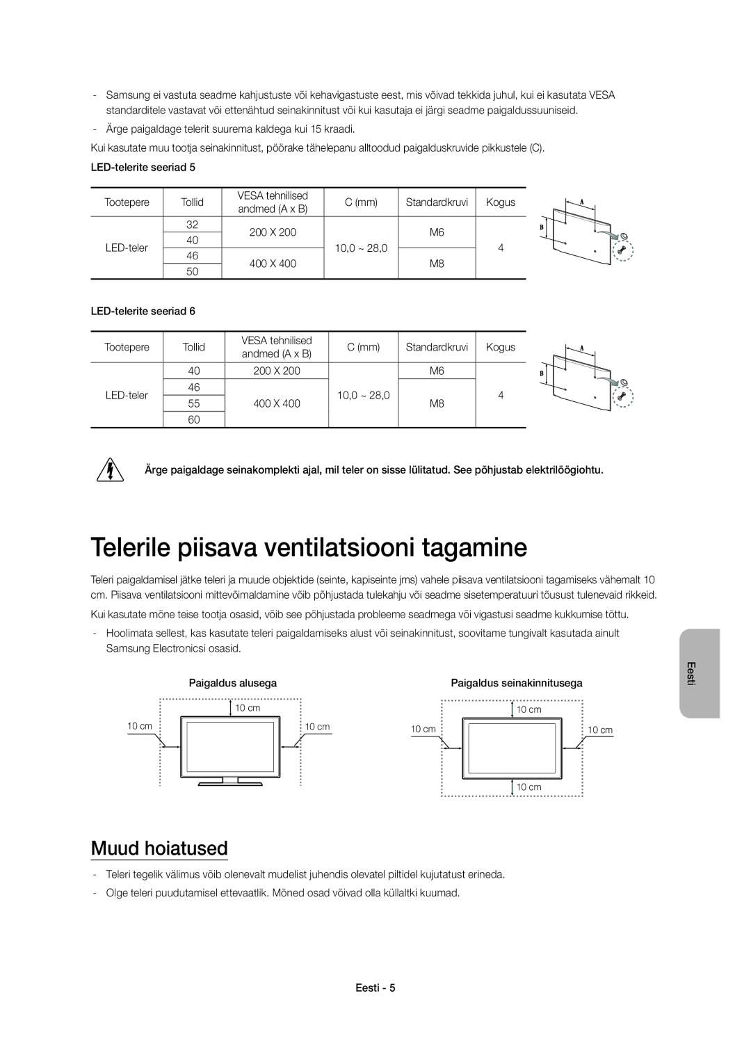 Samsung UE32H5303AWXXN, UE40H6203AWXXH Telerile piisava ventilatsiooni tagamine, Muud hoiatused, LED-teler 10,0 ~ 28,0 