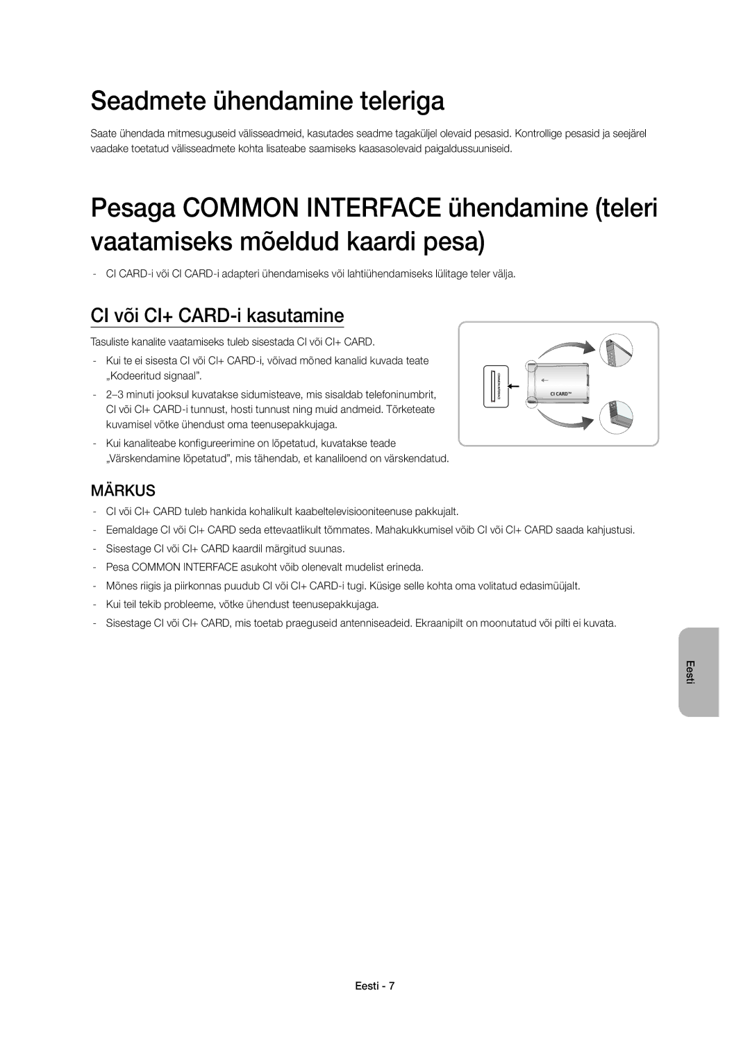 Samsung UE60H6203AWXXN, UE40H6203AWXXH, UE40H5303AWXZG manual Seadmete ühendamine teleriga, CI või CI+ CARD-i kasutamine 