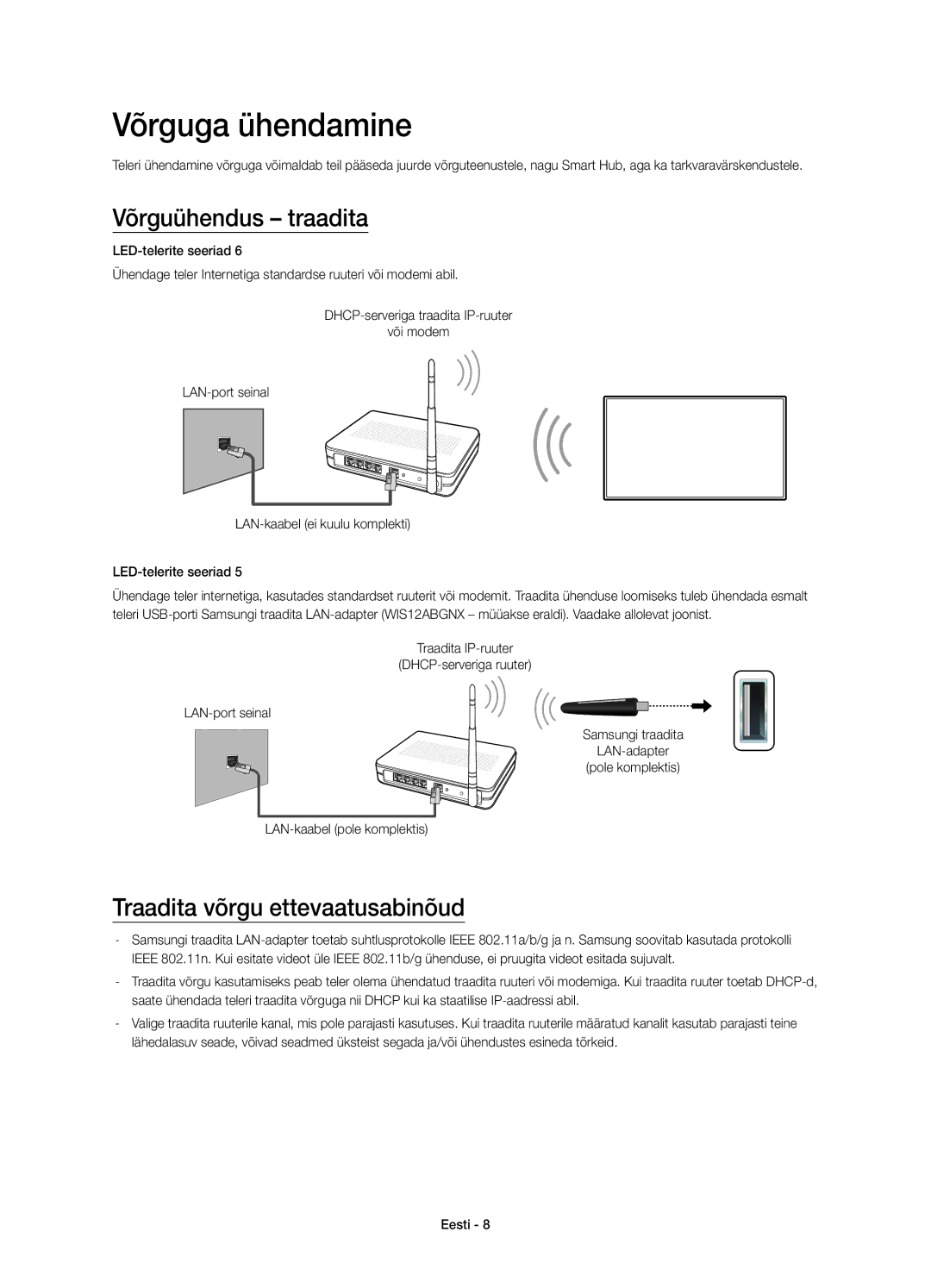 Samsung UE40H6203AWXXH, UE40H5303AWXZG manual Võrguga ühendamine, Võrguühendus traadita, Traadita võrgu ettevaatusabinõud 