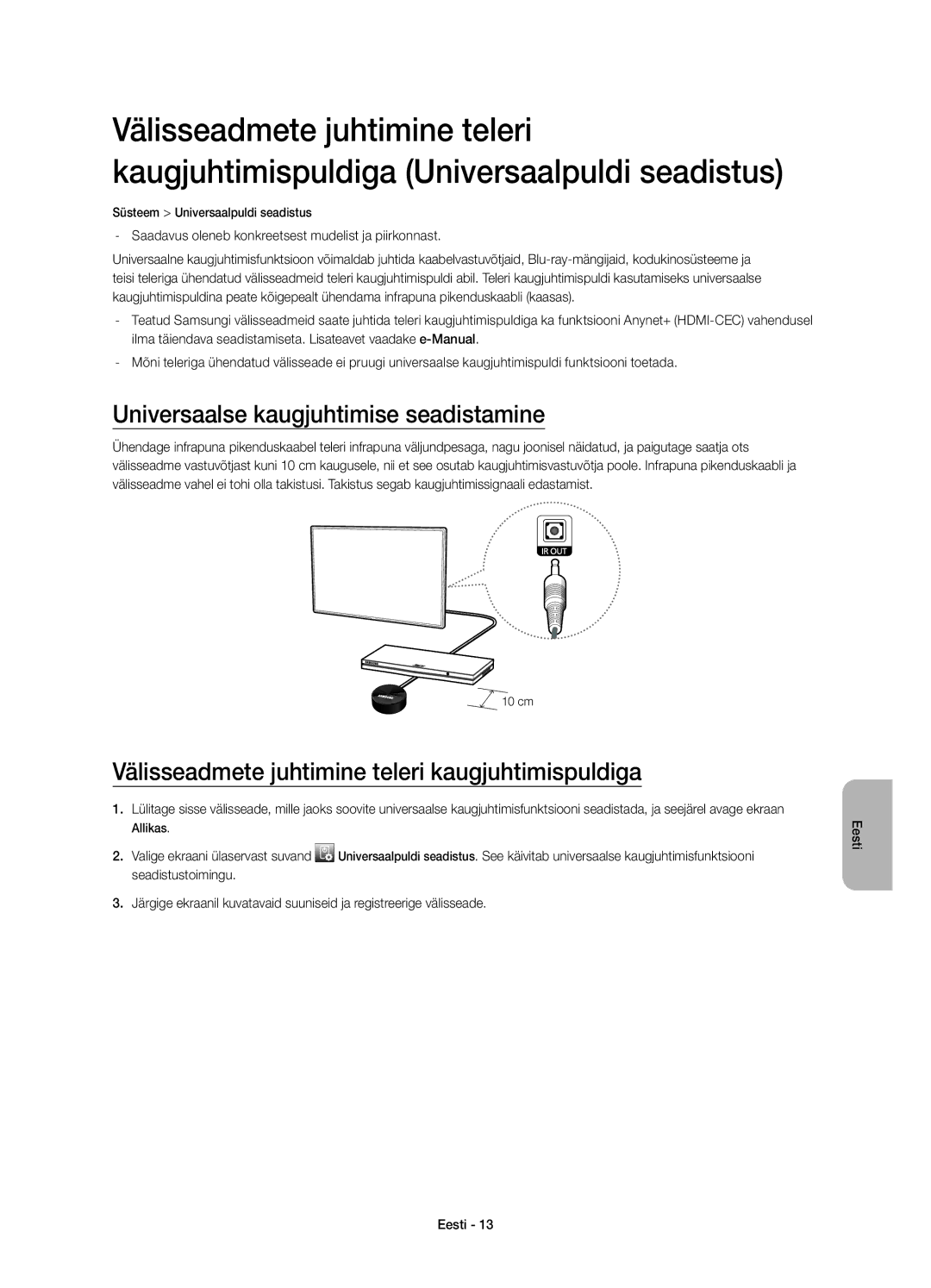 Samsung UE46H6203AWXZF manual Universaalse kaugjuhtimise seadistamine, Välisseadmete juhtimine teleri kaugjuhtimispuldiga 