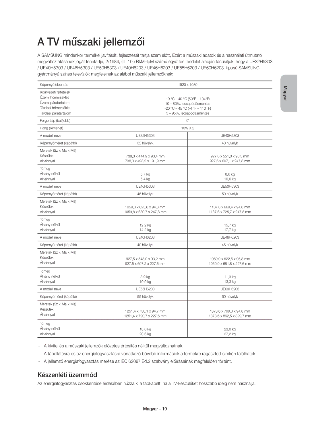 Samsung UE60H6203AWXXC, UE40H6203AWXXH, UE40H5303AWXZG, UE32H5303AWXXH manual TV műszaki jellemzői, Készenléti üzemmód 