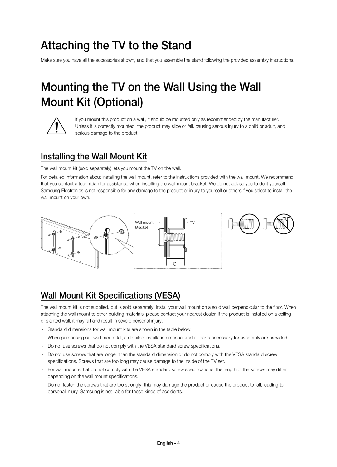 Samsung UE46H5303AWXXH Attaching the TV to the Stand, Installing the Wall Mount Kit, Wall Mount Kit Specifications Vesa 