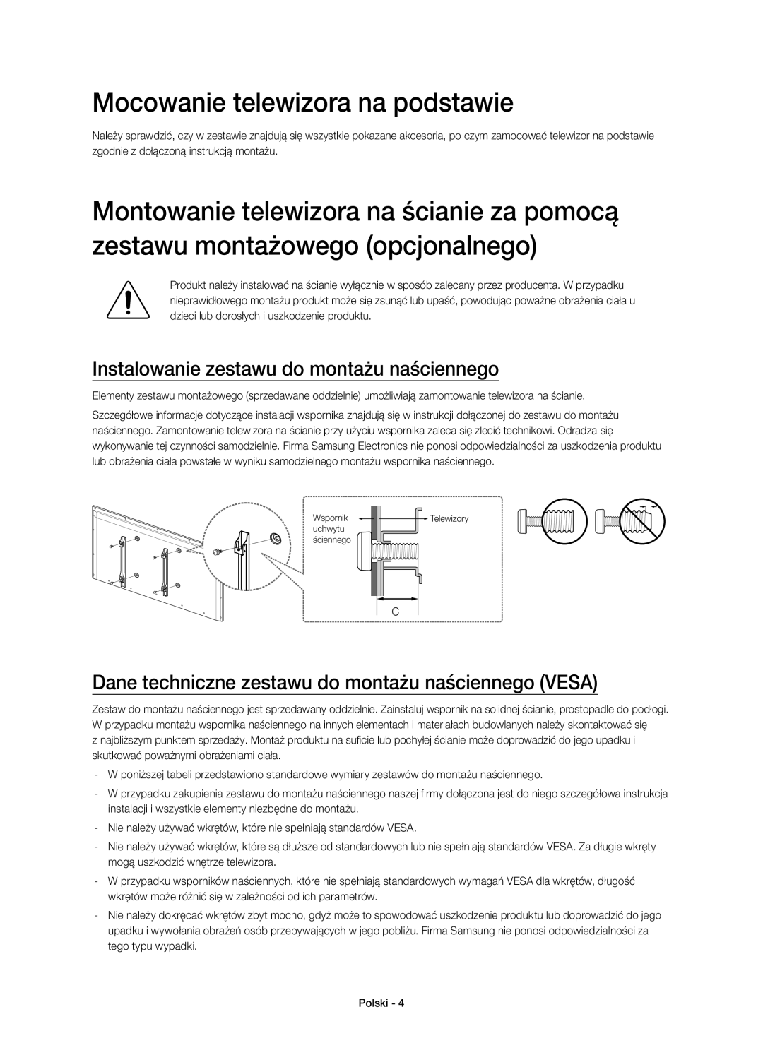 Samsung UE46H5303AWXXC, UE40H6203AWXXH manual Mocowanie telewizora na podstawie, Instalowanie zestawu do montażu naściennego 