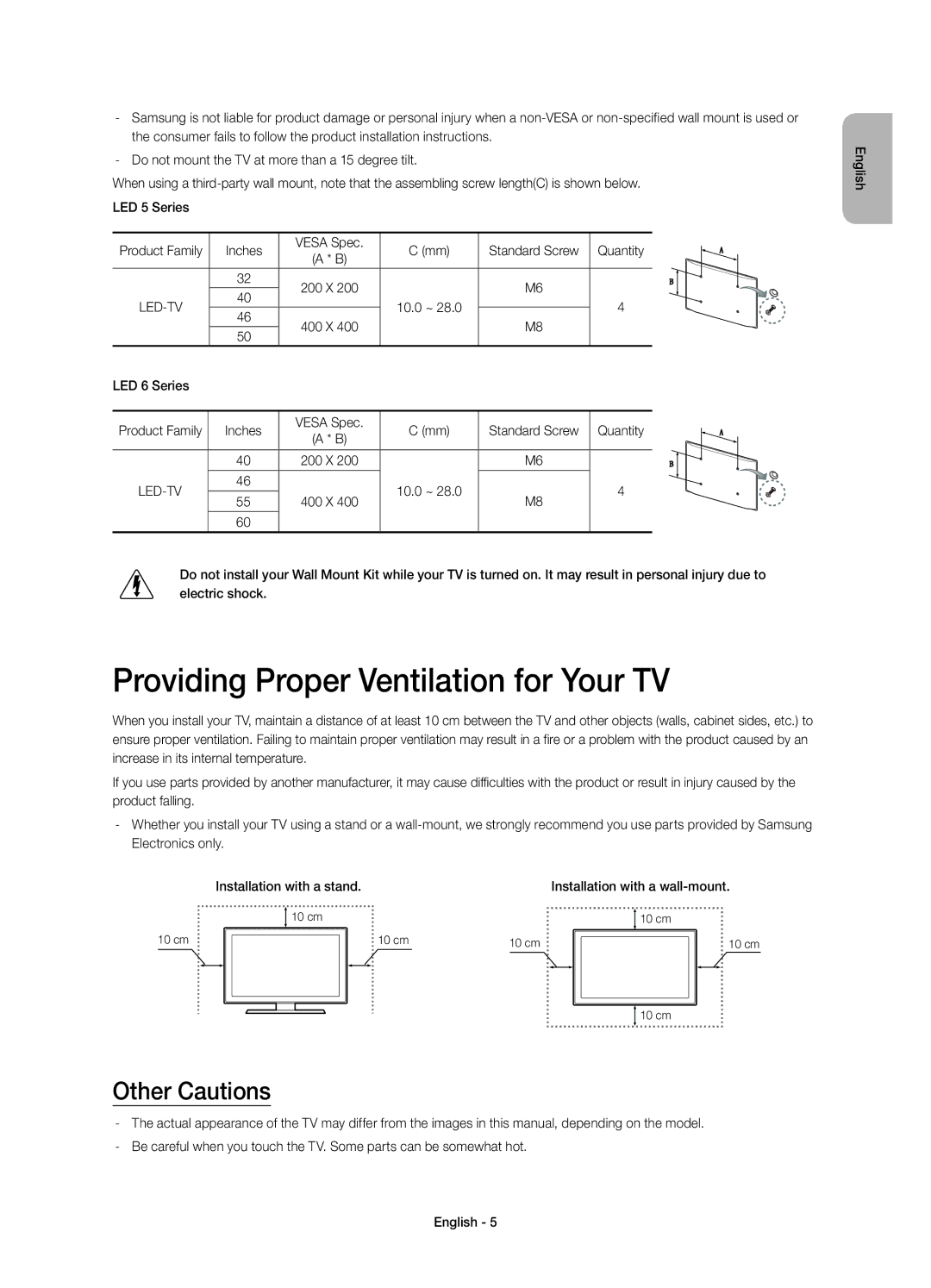 Samsung UE46H6203AWXZF, UE40H6203AWXXH, UE40H5303AWXZG manual Providing Proper Ventilation for Your TV, Other Cautions 