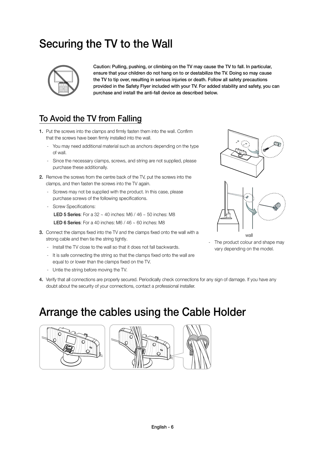 Samsung UE55H6203AWXZF, UE40H6203AWXXH manual Securing the TV to the Wall, Arrange the cables using the Cable Holder 