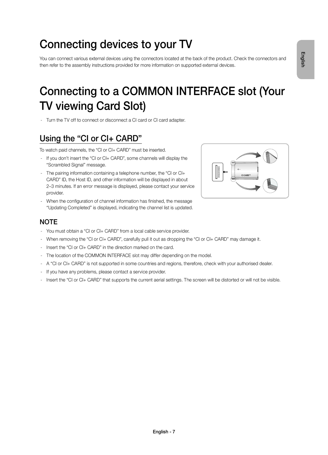 Samsung UE40H5303AWXZF, UE40H6203AWXXH, UE40H5303AWXZG manual Connecting devices to your TV, Using the CI or CI+ Card 