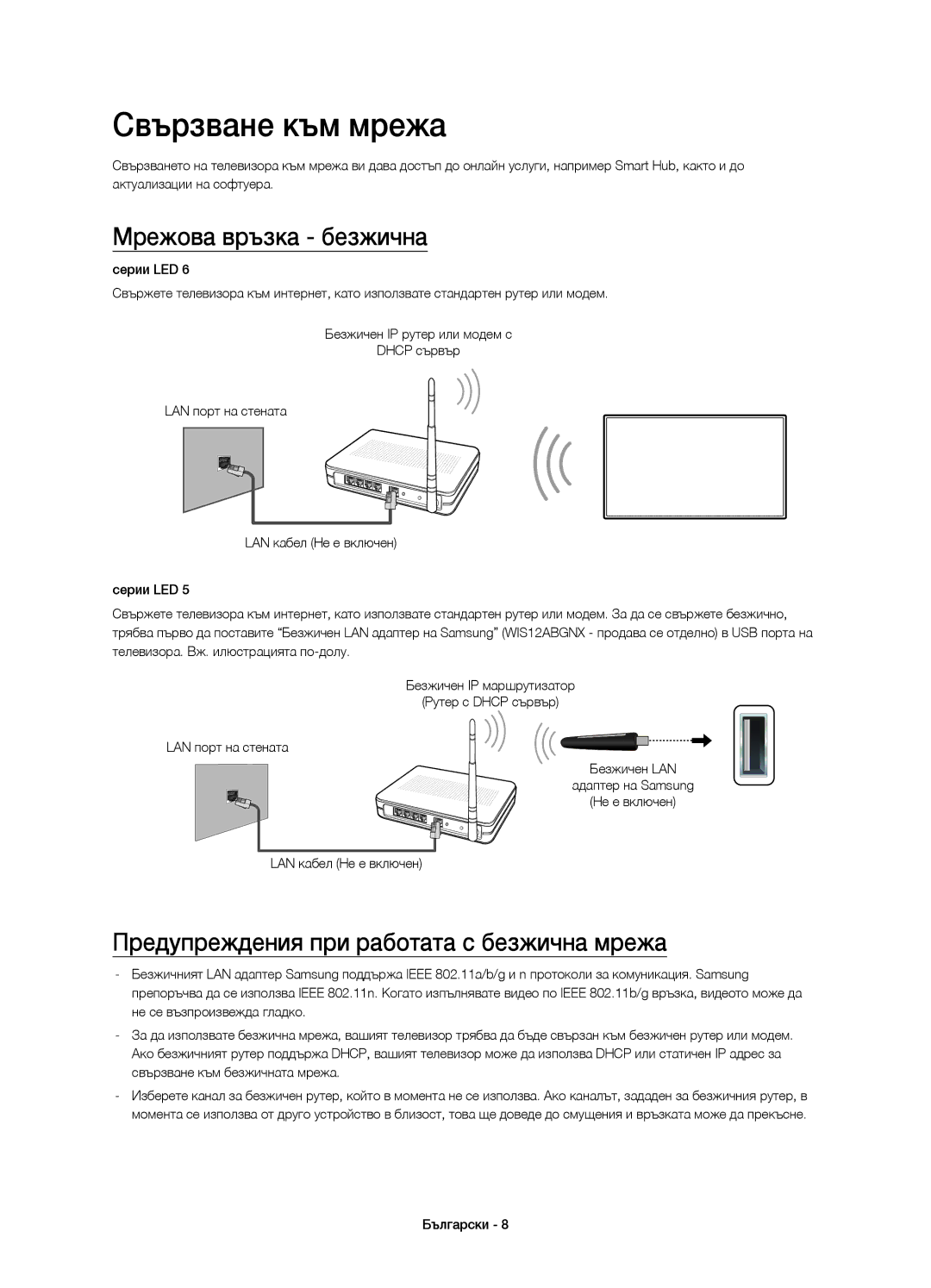 Samsung UE46H5303AWXXH manual Свързване към мрежа, Мрежова връзка безжична, Предупреждения при работата с безжична мрежа 