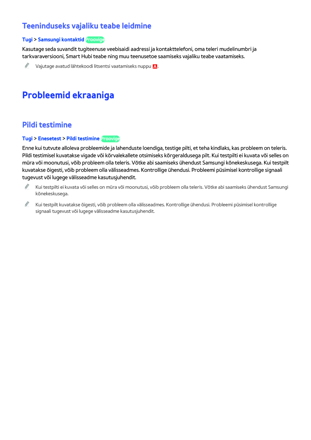 Samsung UE50H5373SSXZG, UE40H6203AWXXH manual Probleemid ekraaniga, Teeninduseks vajaliku teabe leidmine, Pildi testimine 