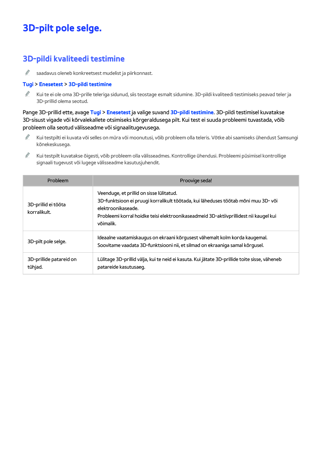 Samsung UE55H6273SSXZG manual 3D-pilt pole selge, 3D-pildi kvaliteedi testimine, Tugi Enesetest 3D-pildi testimine 