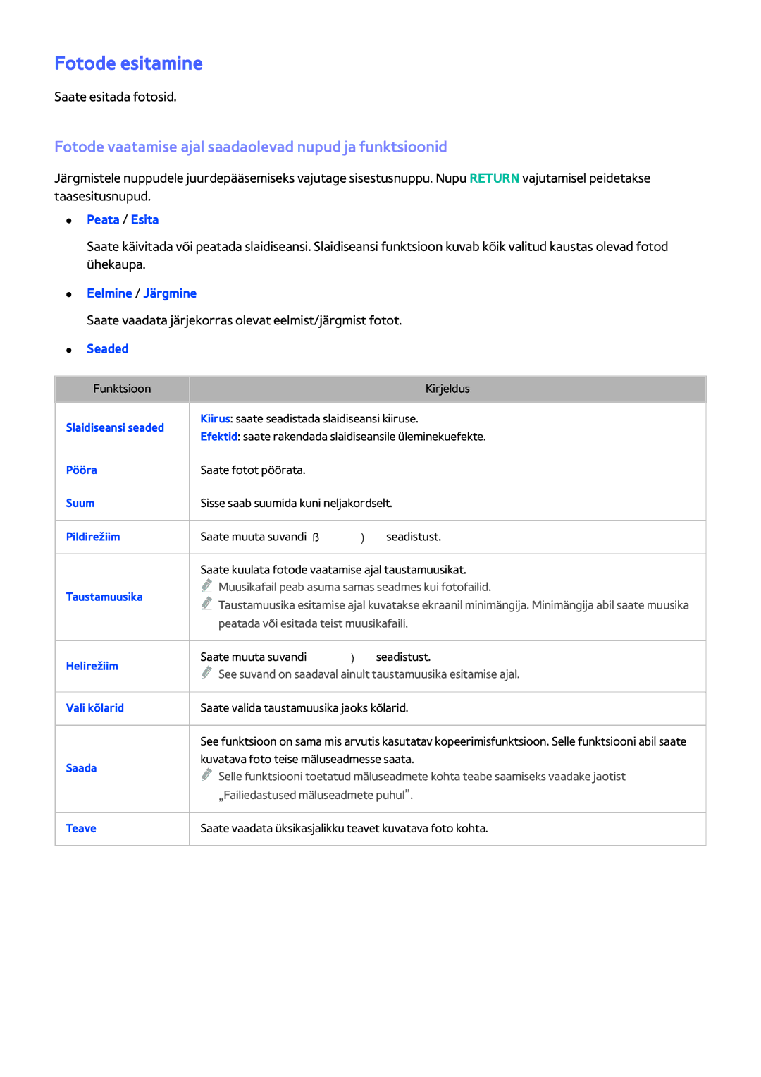 Samsung UE46H5303AWXXH manual Fotode esitamine, Fotode vaatamise ajal saadaolevad nupud ja funktsioonid, Peata / Esita 