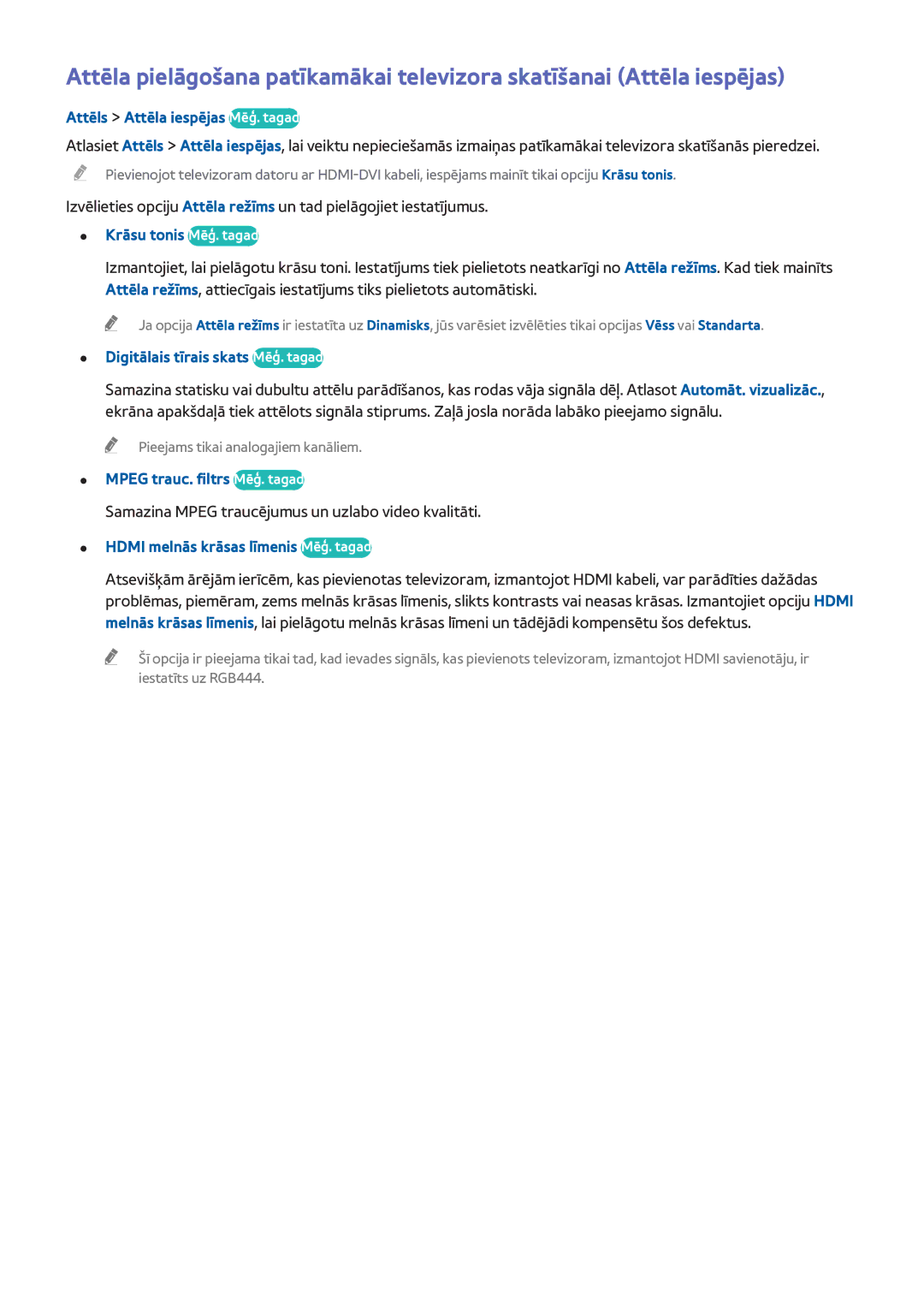 Samsung UE46H5303AWXXH manual Attēls Attēla iespējas Mēģ. tagad, Krāsu tonis Mēģ. tagad, Digitālais tīrais skats Mēģ. tagad 