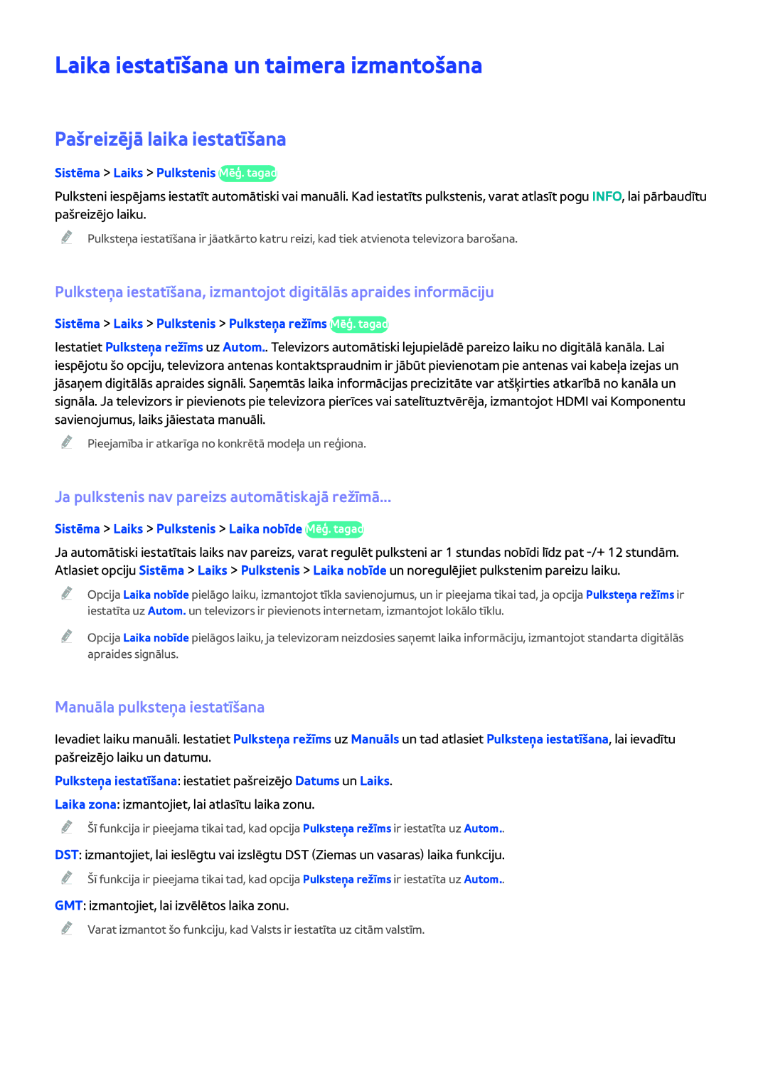 Samsung UE40H6203AWXXH, UE55H6273SSXZG manual Laika iestatīšana un taimera izmantošana, Pašreizējā laika iestatīšana 