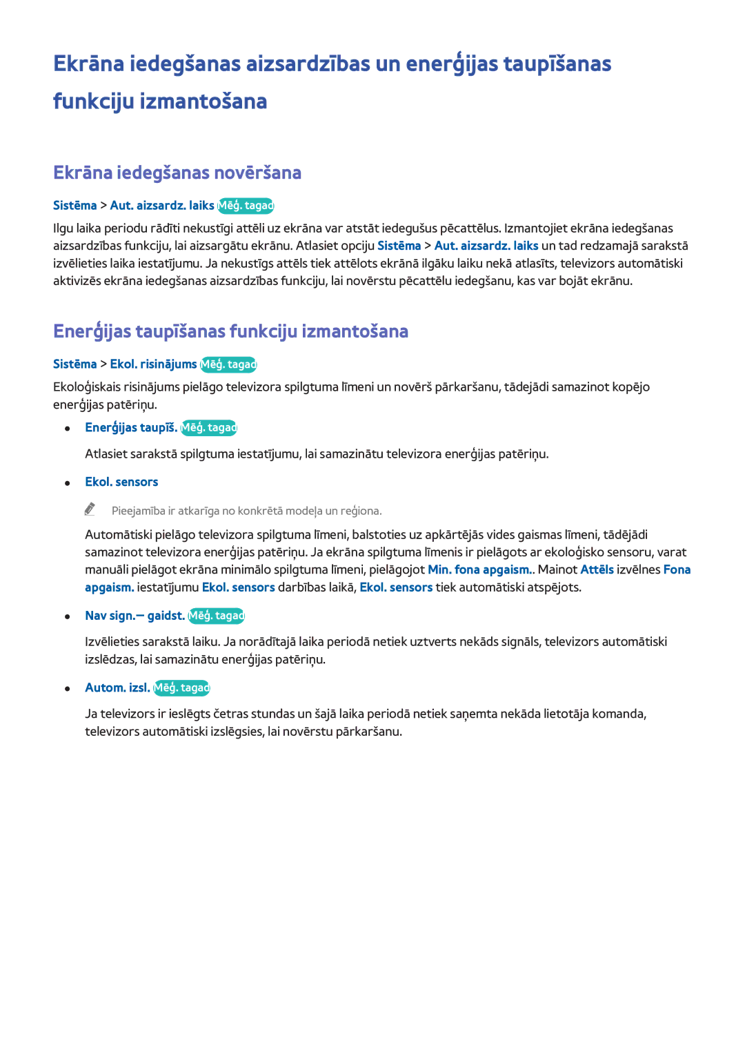 Samsung UE40H5303AWXXH, UE40H6203AWXXH manual Ekrāna iedegšanas novēršana, Enerģijas taupīšanas funkciju izmantošana 