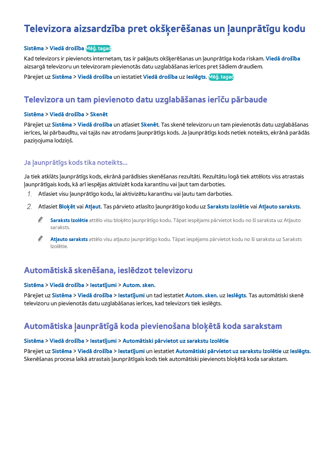 Samsung UE40H6203AWXXH, UE55H6273SSXZG manual Automātiskā skenēšana, ieslēdzot televizoru, Ja ļaunprātīgs kods tika noteikts 